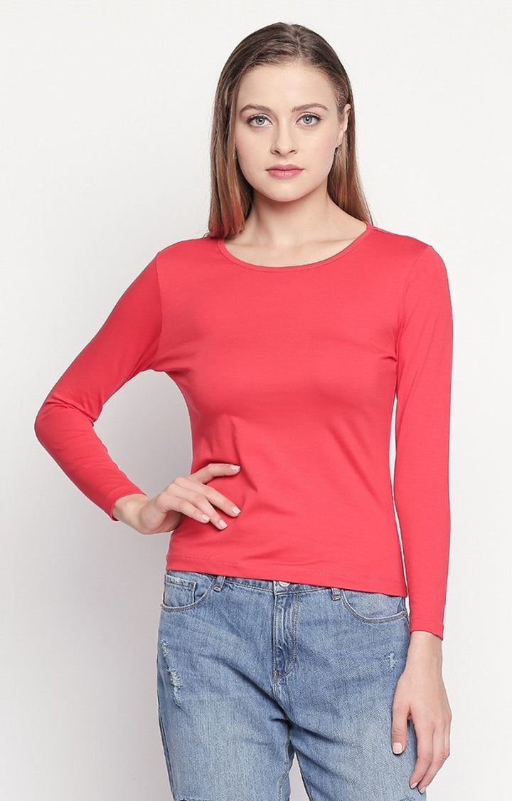 Spykar Women Orange Cotton Slim Fit Round Neck T-Shirts