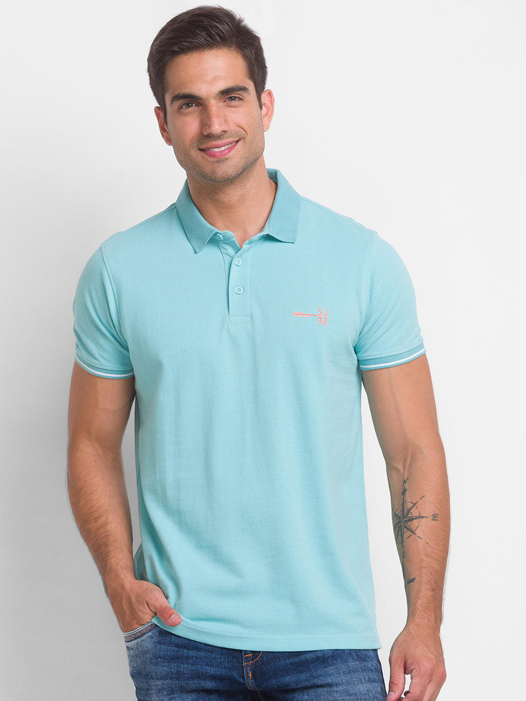 Spykar Cool Blue Cotton Half Sleeve Plain Casual Polo T-Shirt For Men