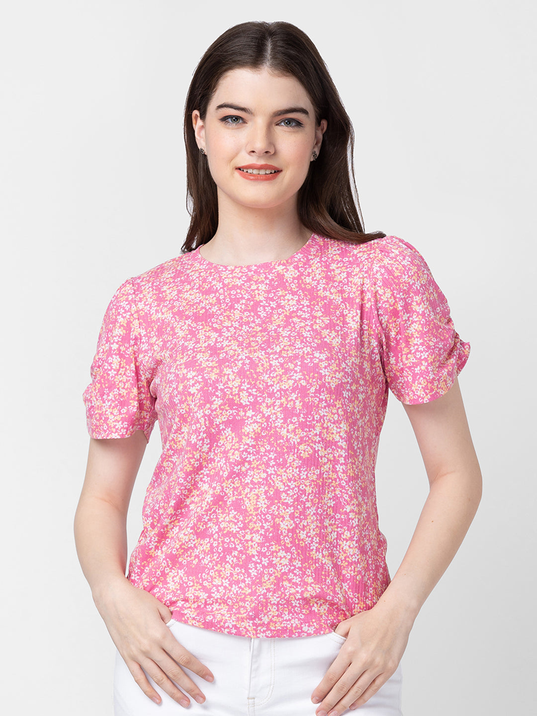 Spykar Women Fuschia Pink Cotton Slim Fit Floral T-Shirts