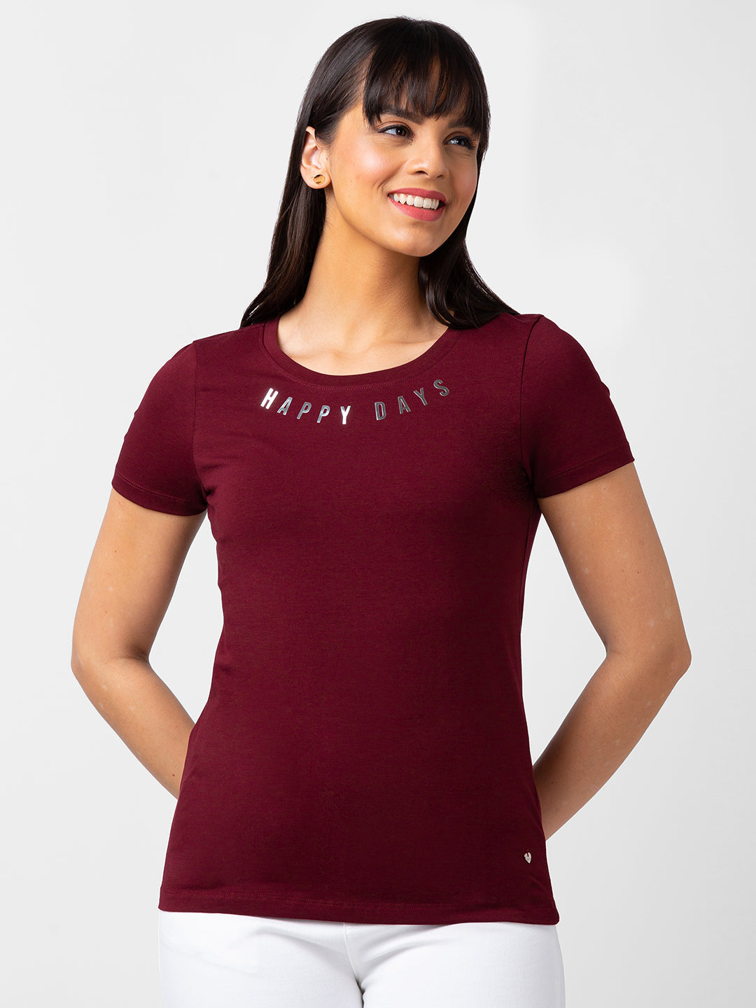 Spykar Women Wine Blended Slim Fit Half Sleeve T-Shirt