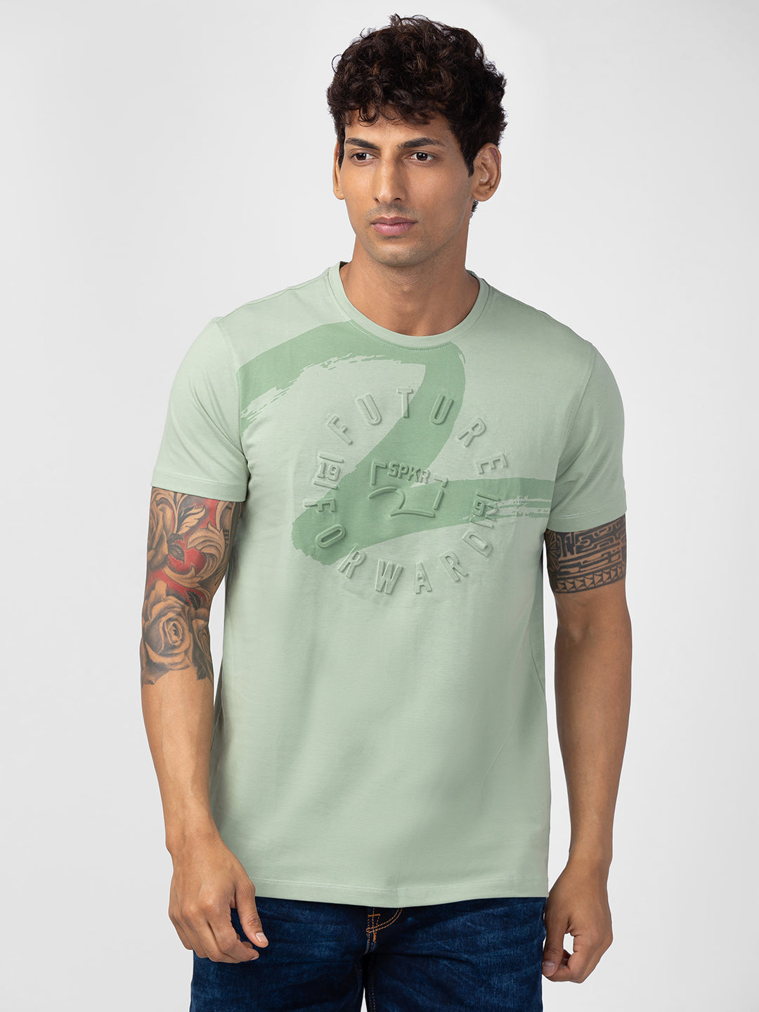 Spykar Men Dusty Green Cotton Regular Fit Half Sleeve Printed T-Shirt