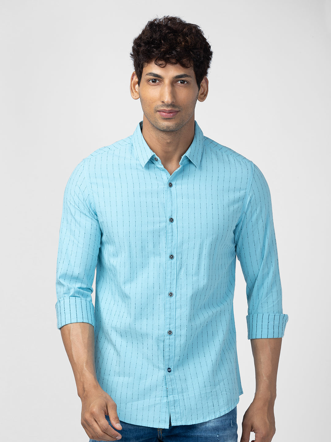 Spykar Men Haze Blue Cotton Slim Fit Striped Shirt