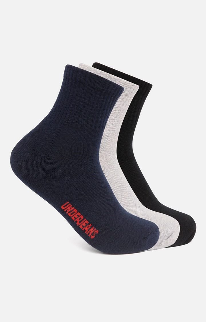 Men Premium Black Navy Grey Ankle Length (Half Terry) (Pack Of 3) Socks- Underjeans By Spykar