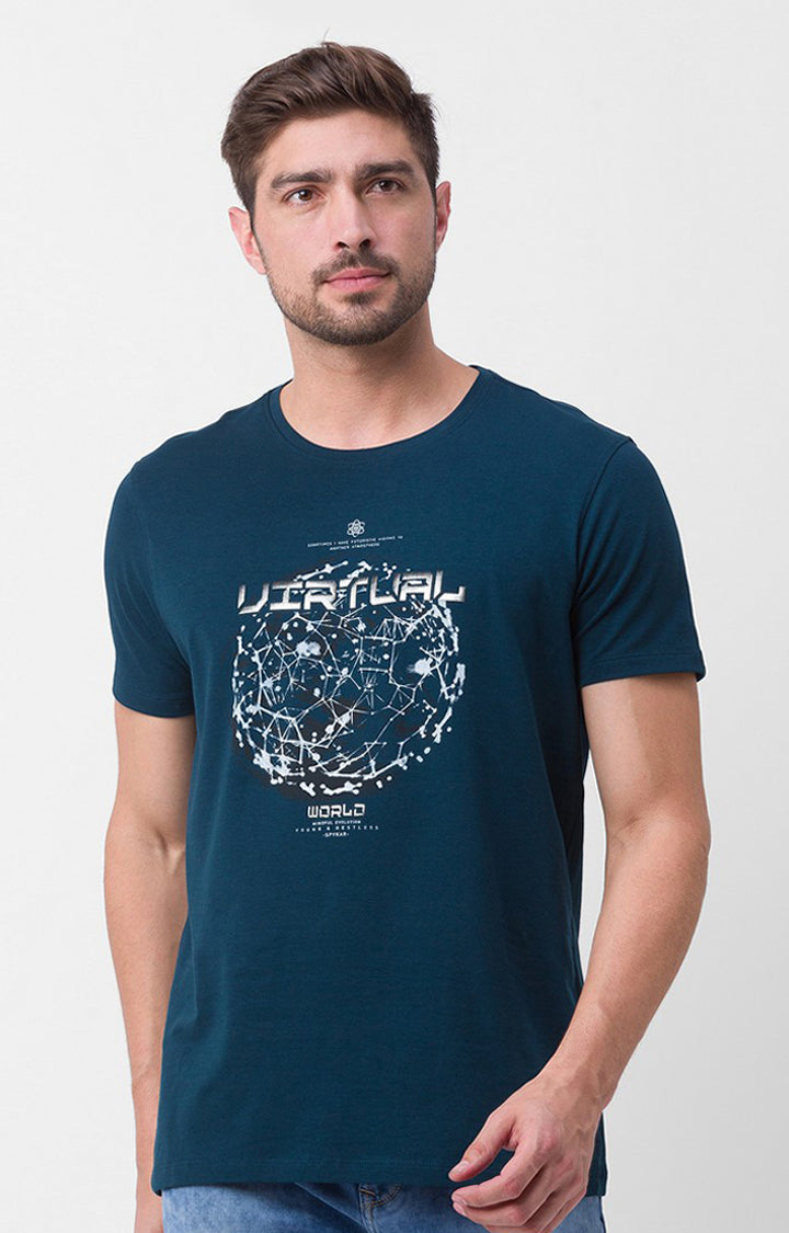 Spykar Teal Blue Cotton Half Sleeve Printed Casual T-Shirt For Men