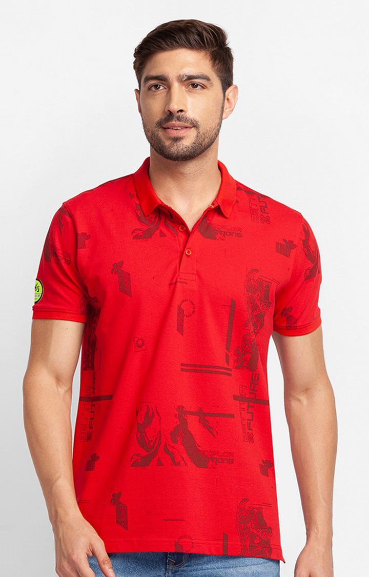 Spykar True Red Cotton Half Sleeve Printed Casual Polo T-Shirt For Men