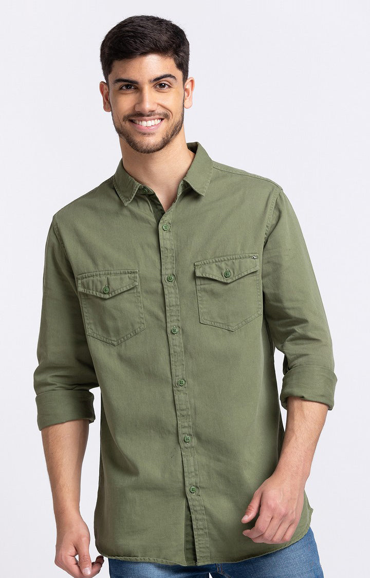 Spykar Men Olive Green Cotton Slim Fit Full Sleeve Plain Cargo Shirt