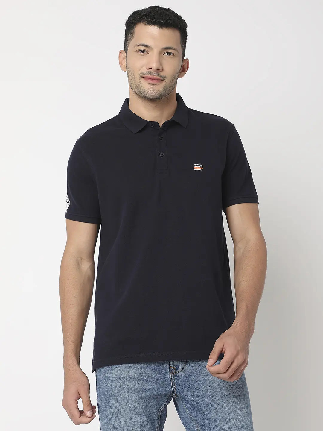 Spykar Men Navy Blue Cotton Regular Fit Plain Polo Tshirt