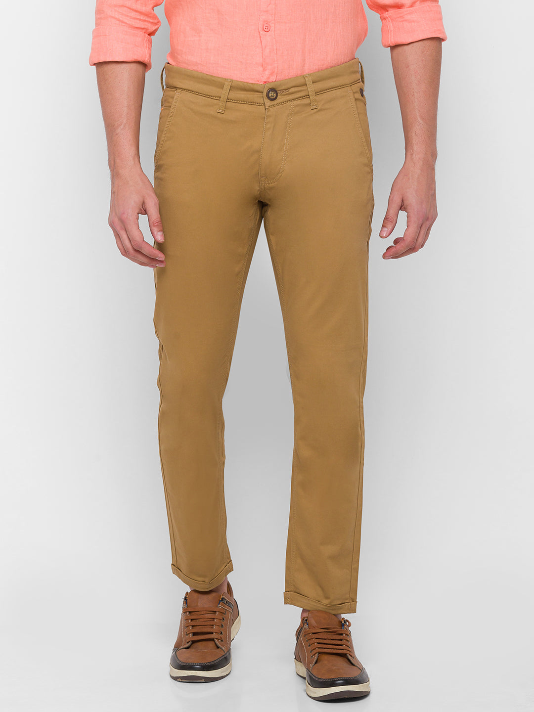 Spykar Men Beige Cotton Slim Fit Casual Trousers