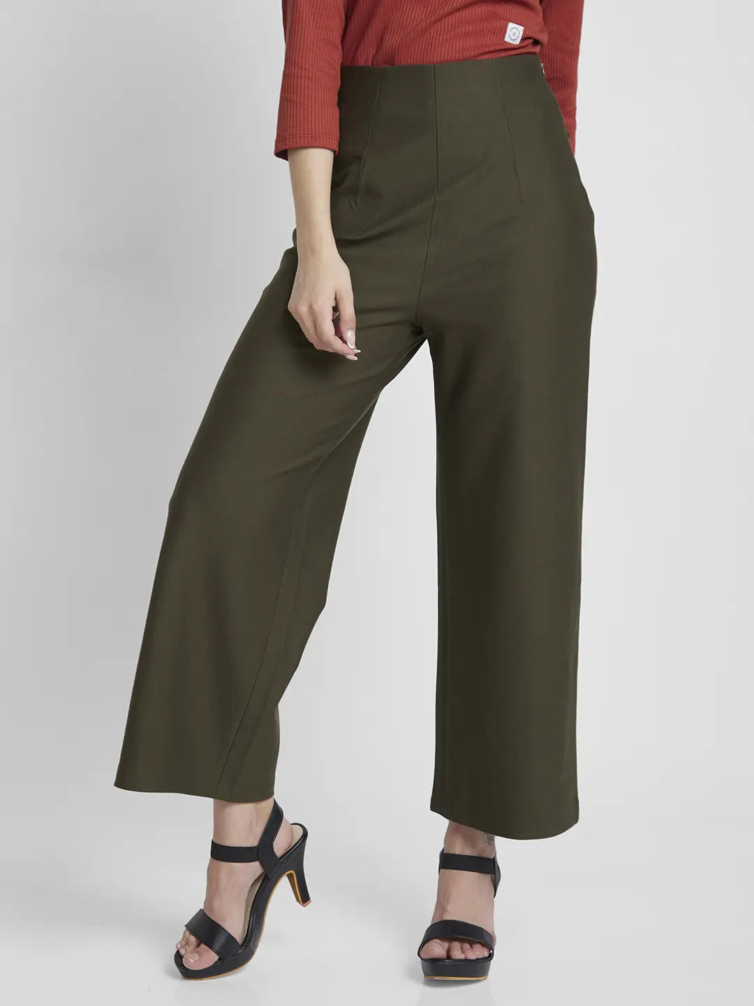 Spykar Women Olive Green Blended Flared Fit Ankle Length Trackpant