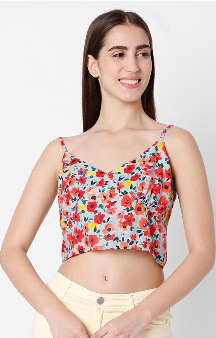 Spykar Floral Print Cotton Sleeveless Crop Top For Women