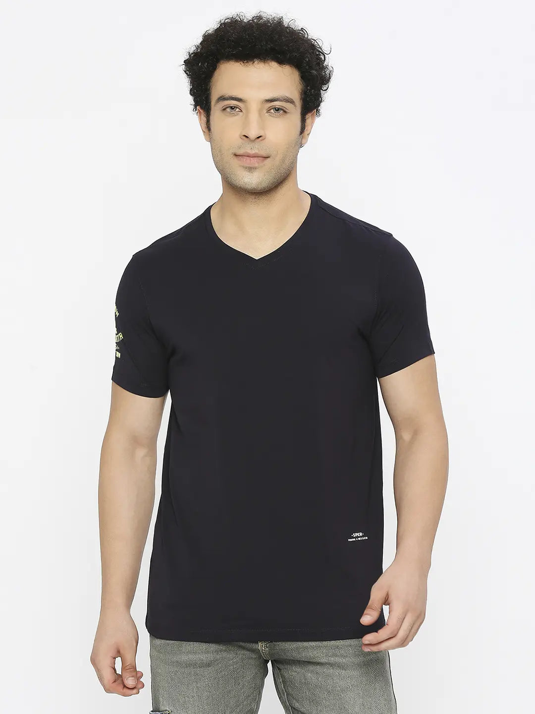 Spykar Men Navy Blue Cotton Regular Fit Half Sleeve Plain V-Neck Tshirt