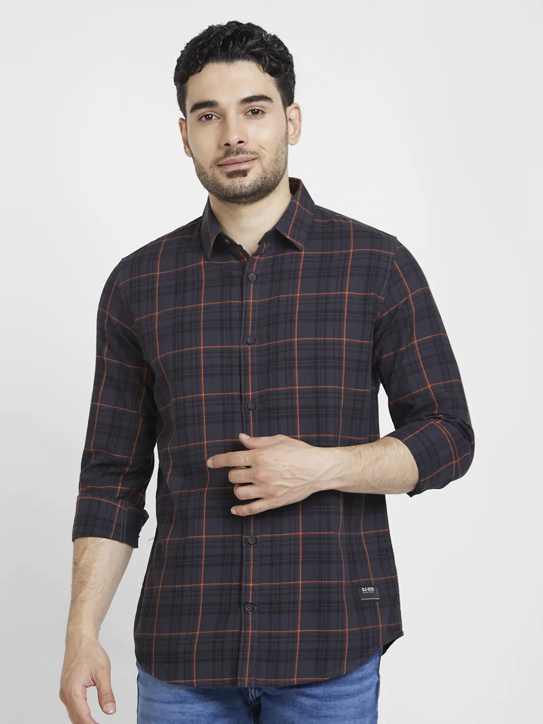 Spykar Men Charcoal Grey Cotton Regular Slim Fit Full Sleeve Checkered Shirt