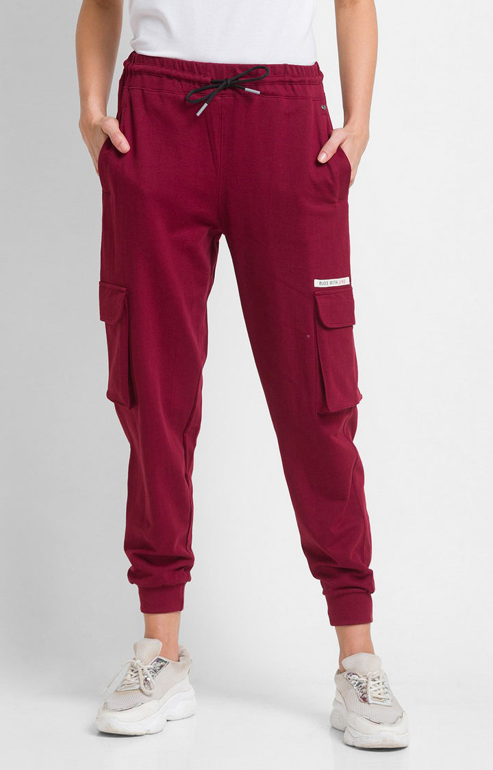 Spykar Wine Cotton Regular Fit Trackpant For Women