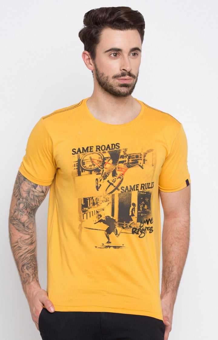 Spykar Yellow Printed Slim Fit Men T-Shirts