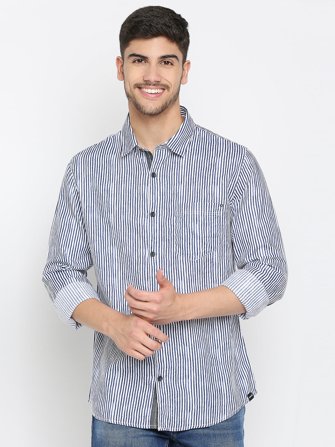 Spykar Indigo Blue Cotton Full Sleeve Stripes Shirt For Men