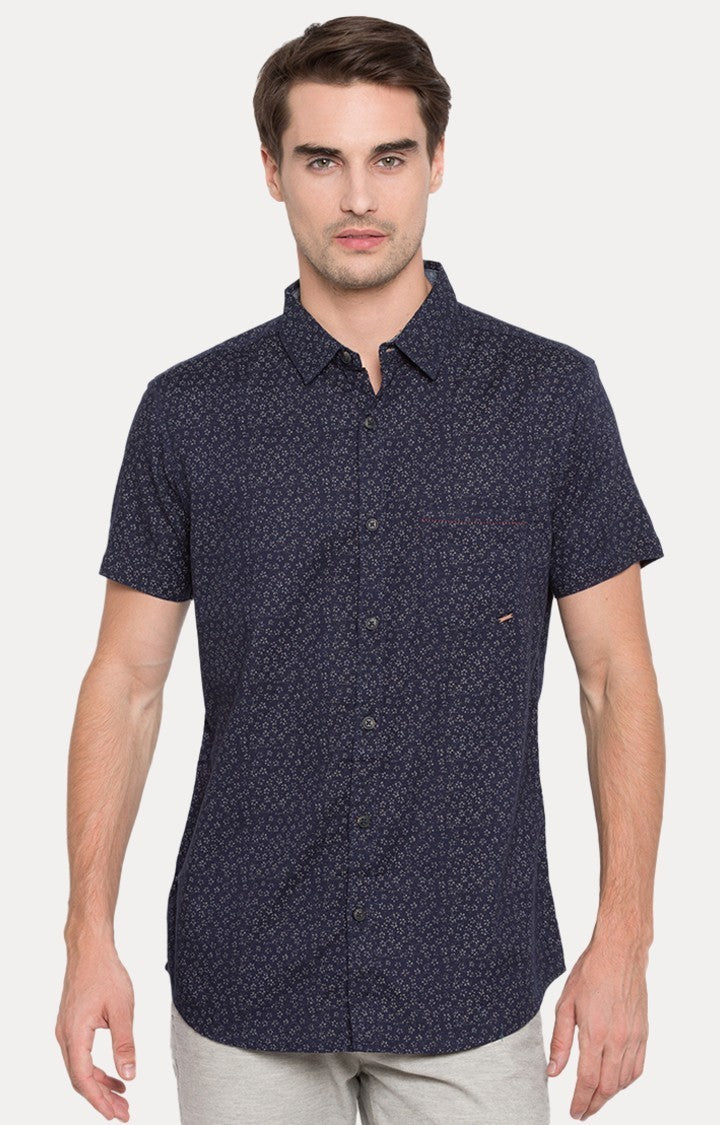 Spykar Men'S Blue Cotton Printed Casual Shirts