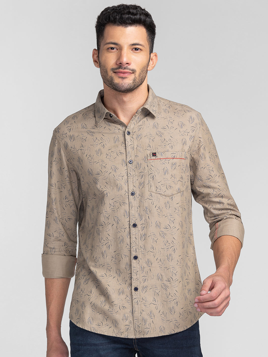 Spykar Men Beige Cotton Slim Fit Printed Shirts