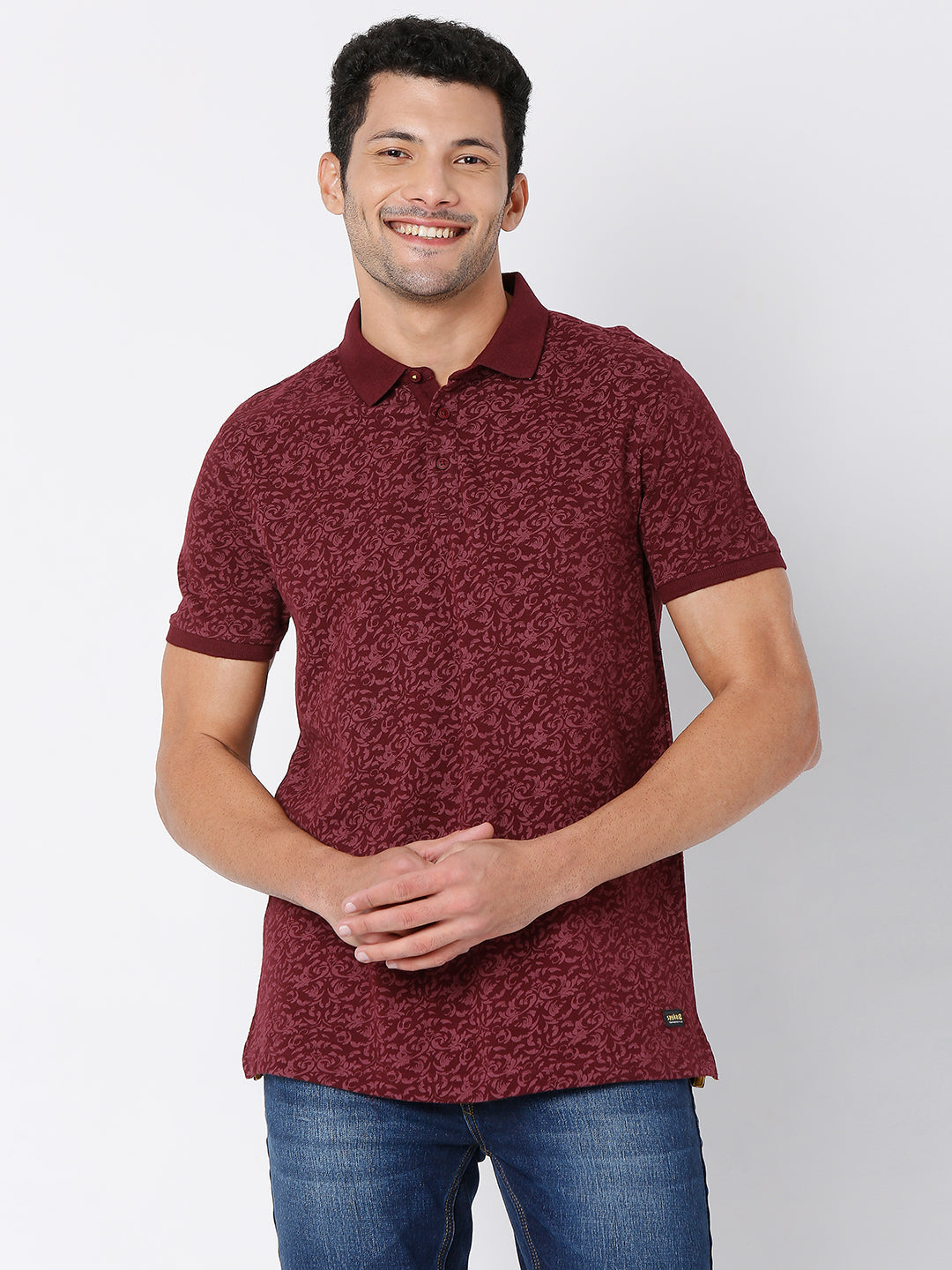 Spykar Men Wine Cotton Slim Fit Printed Polo Tshirt