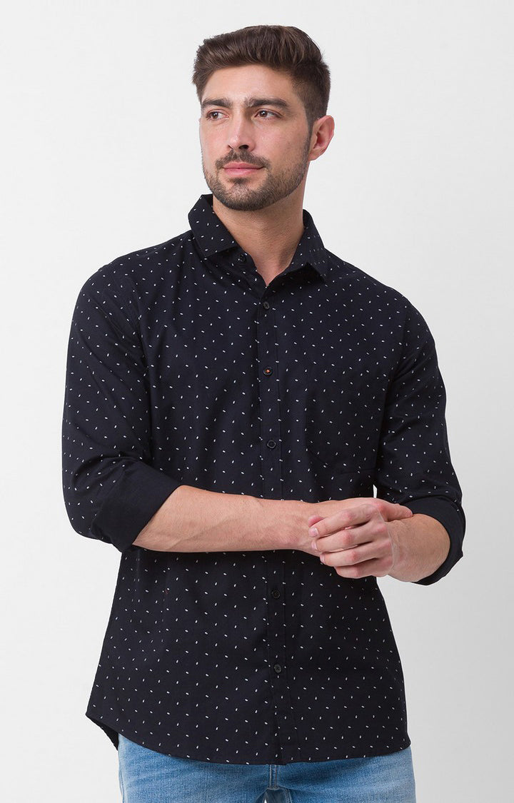 Spykar Black Cotton Full Sleeve Printed Shirt For Men