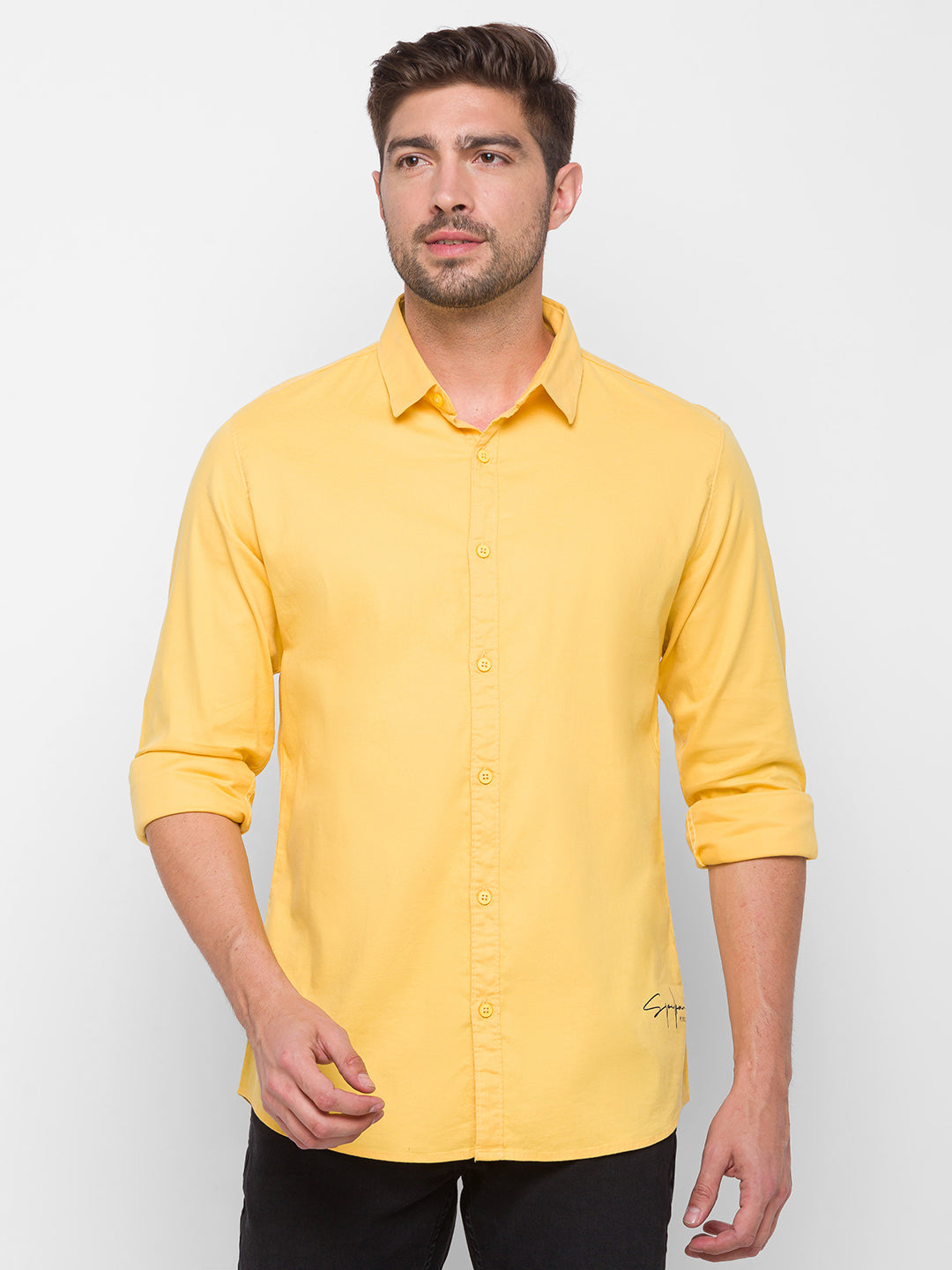 Spykar Yellow Cotton Slim Fit Shirts For Men