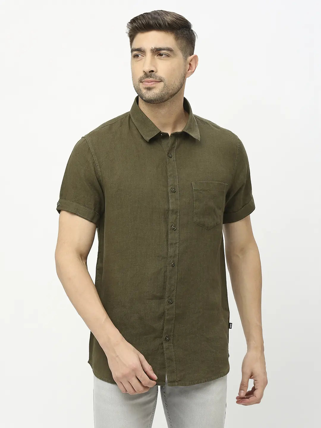 Spykar Men Militiary Green Linen Regular Fit Half Sleeve Plain Shirts