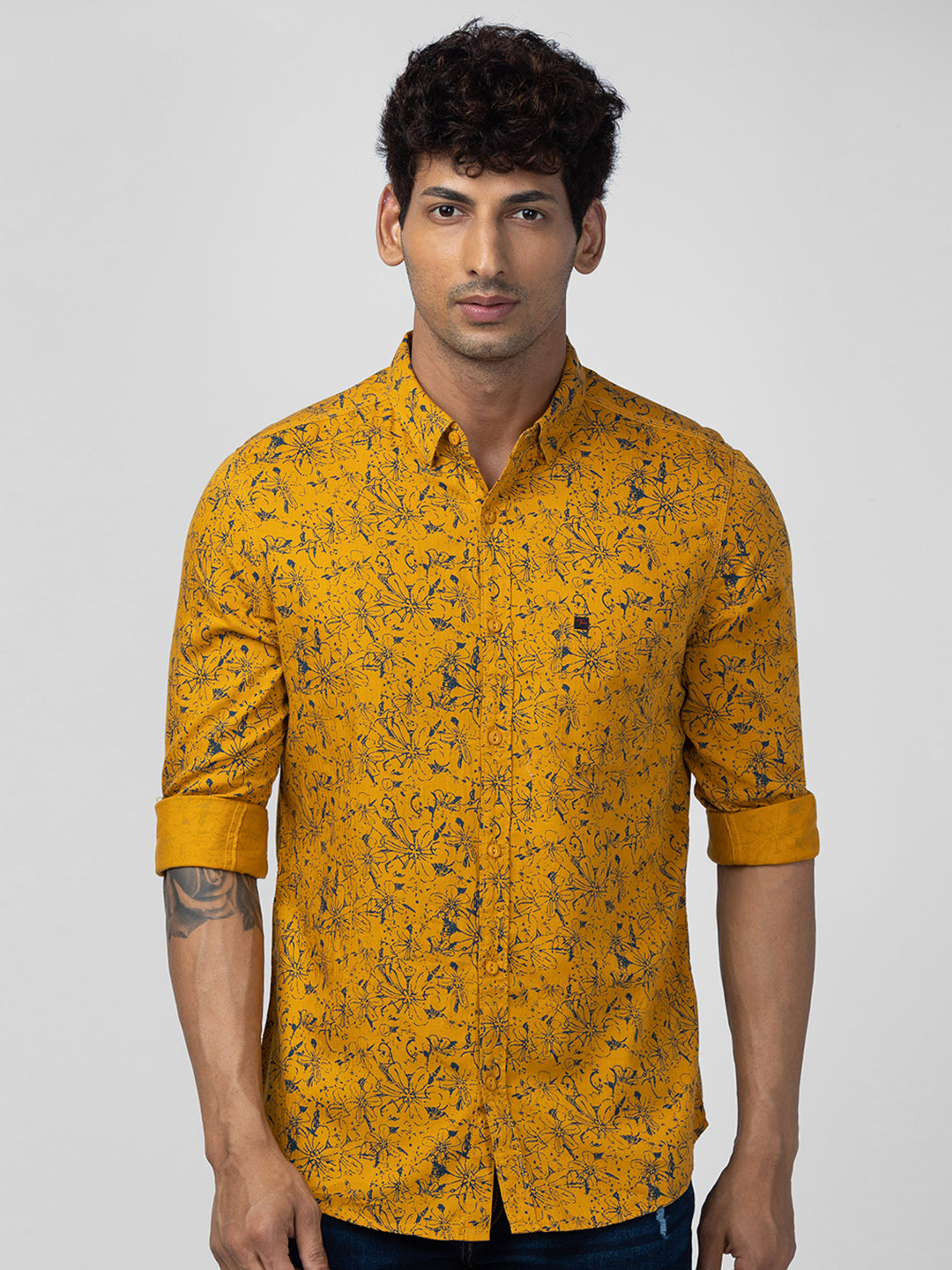 Spykar Men Mustard Yellow Cotton Slim Fit Printed Shirt