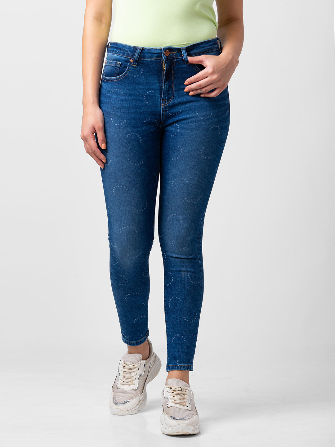 Women Mid Blue Lycra Super Skinny Fit Ankle Length Jeans (Alexa)