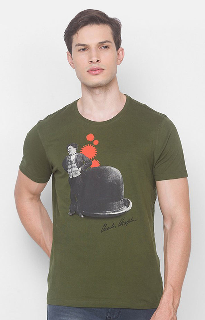 Charlie Chaplin Spykar Men Olive Green Cotton Slim Fit Round Neck Printed T-Shirt