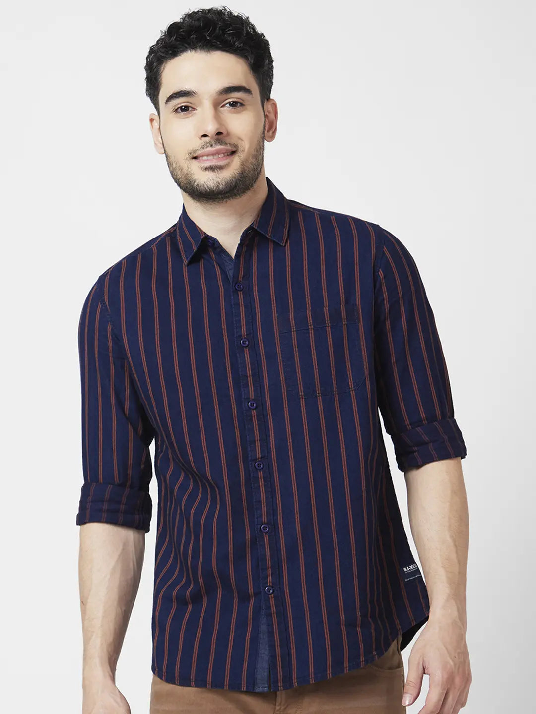 Spykar Men Red Cotton Slim Fit Full Sleeve Striped Shirt