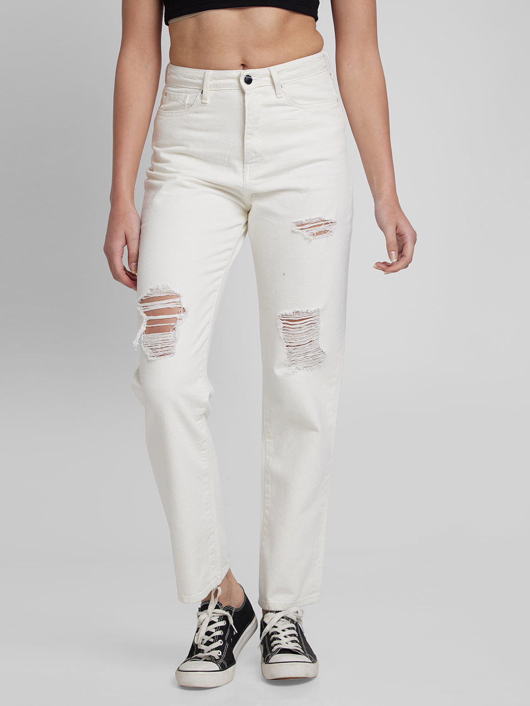 Spykar Women White Cotton Straight Fit Regular Length Jeans (Bella)