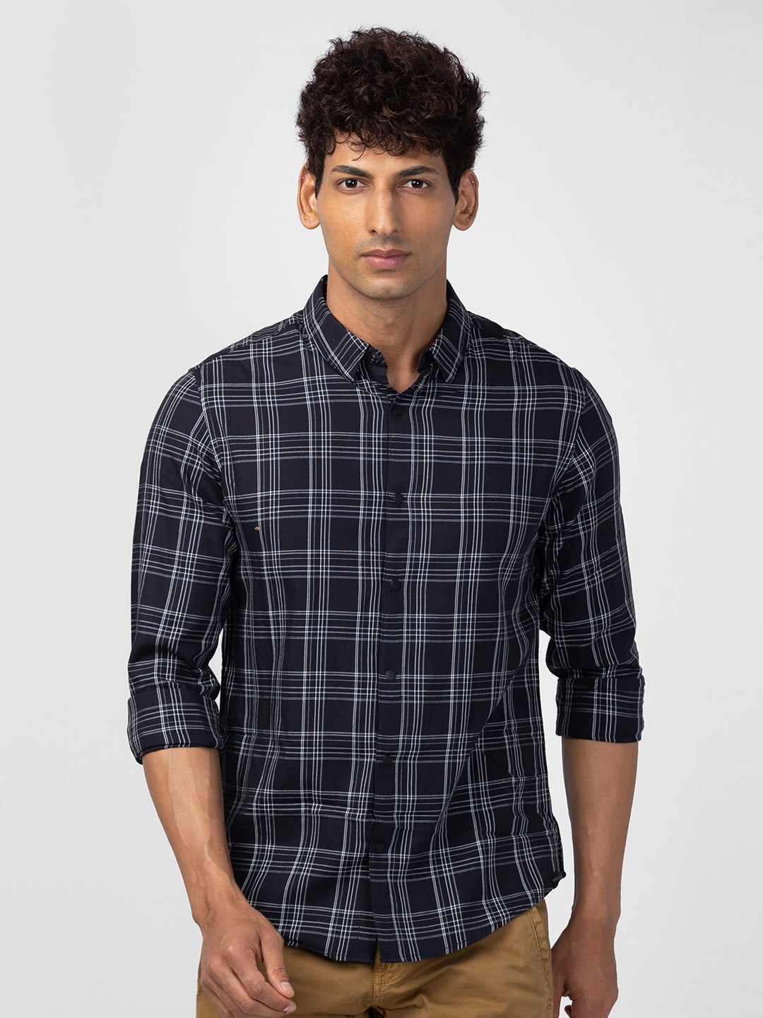 Spykar Men Black Cotton Slim Fit Checkered Shirt