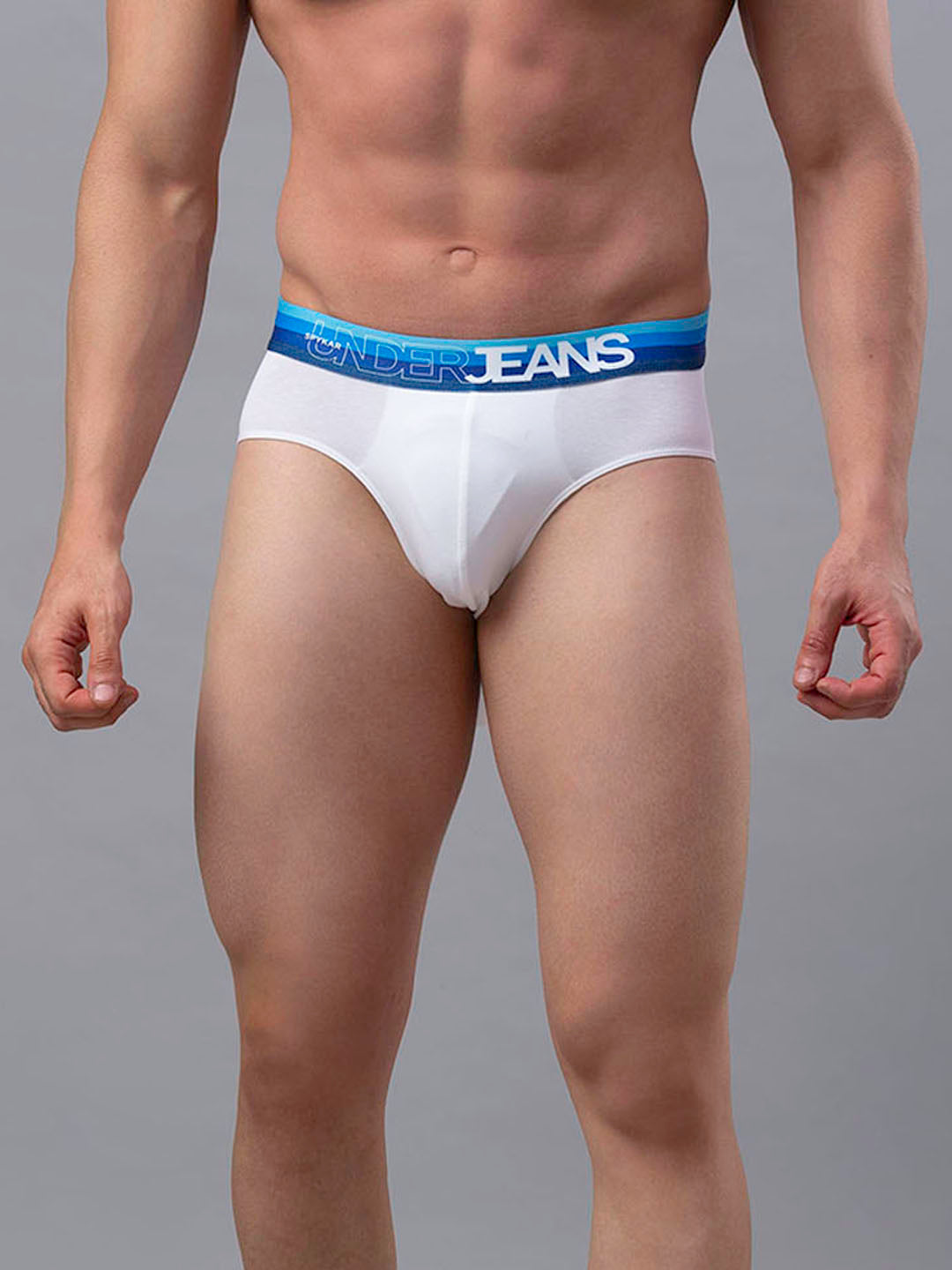 Men Premium Cotton Blend White-Blue Brief- Underjeans By Spykar