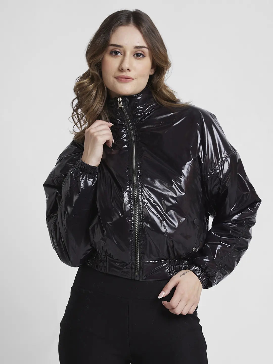 Spykar Women Black Slim Fit High Neck Plain Crop Jacket