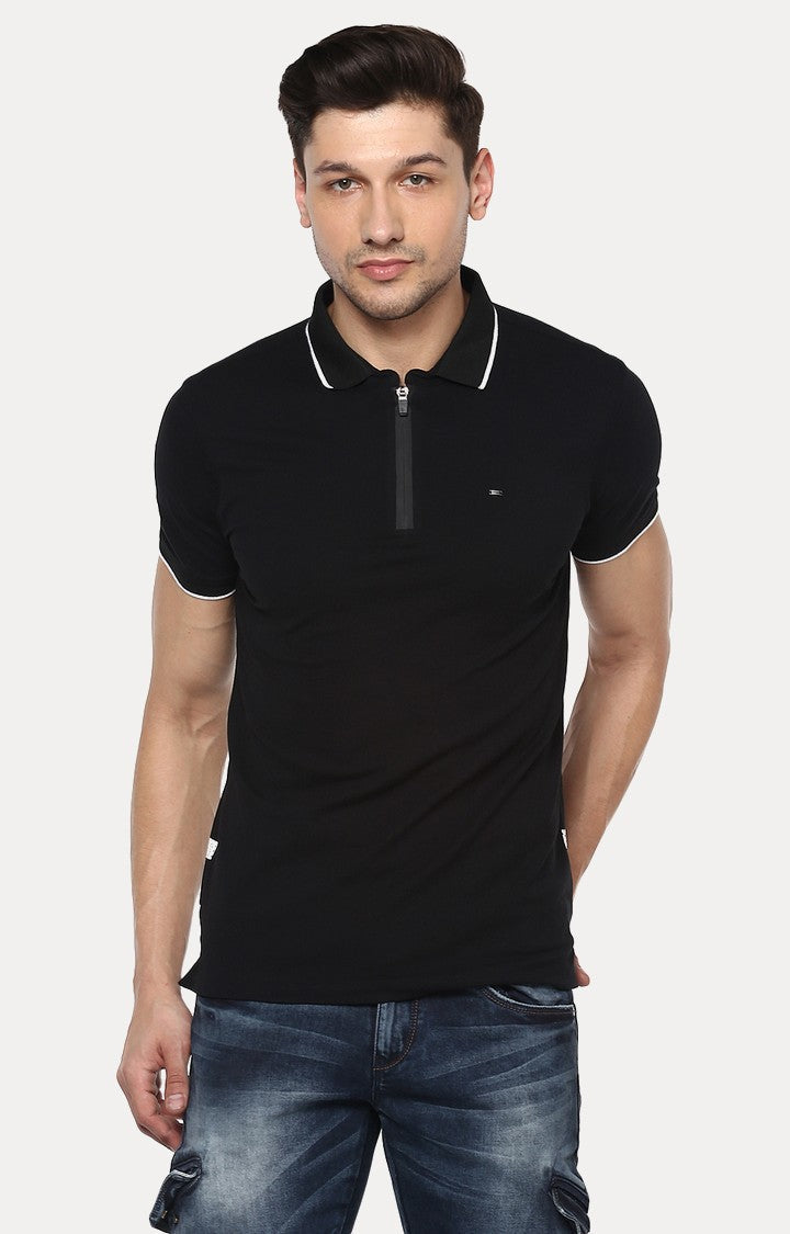 Spykar Black Solid Slim Fit Polo T-Shirt