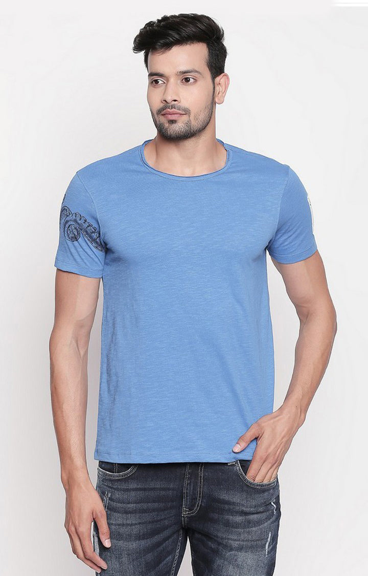 Spykar Blue Cotton Slim Fit T-Shirt For Men