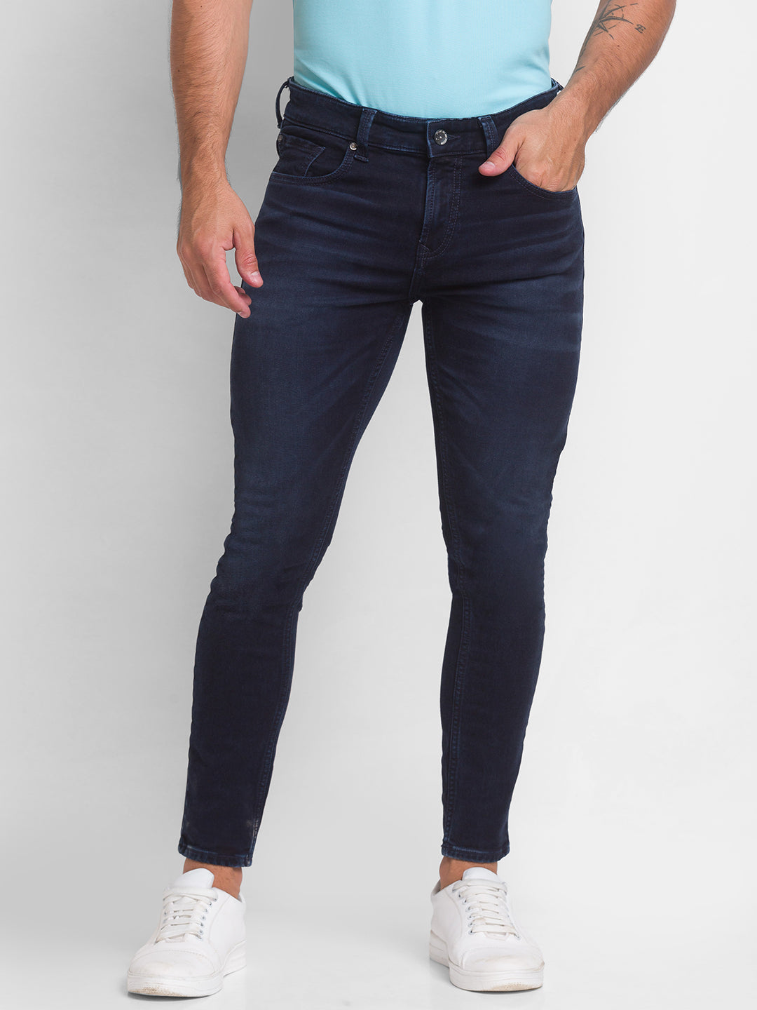 Spykar Dark Blue Cotton Slim Fit Tapered Length Jeans For Men (Kano)