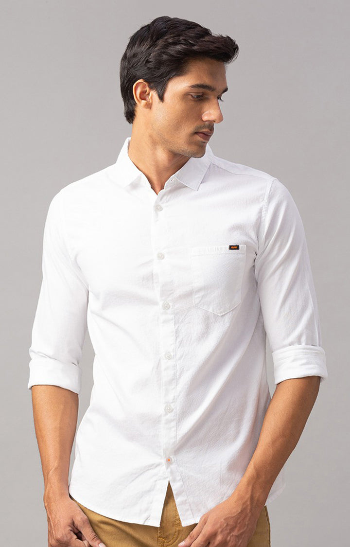 Spykar Men White Cotton Slim Fit Plain Shirt