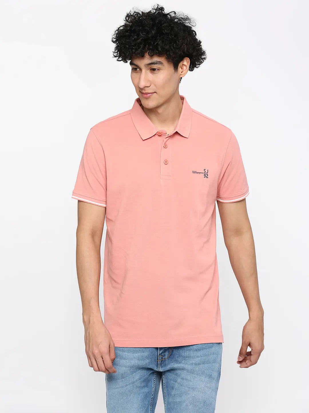 Spykar Men Dusty Pink Cotton Slim Fit Plain Polo Neck Tshirt