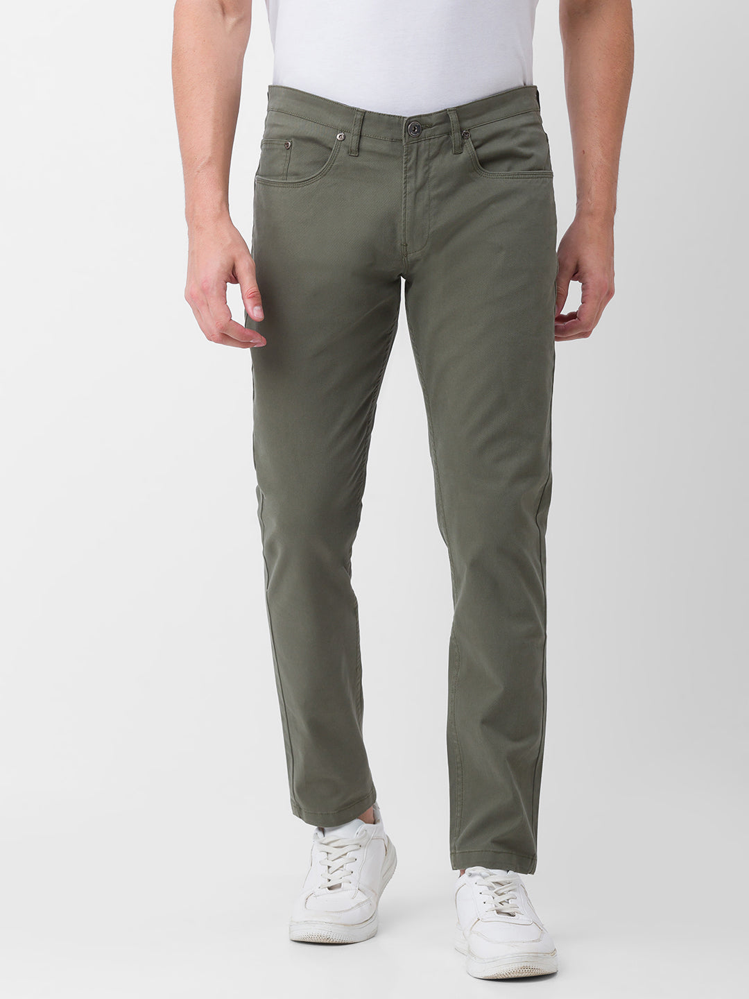 Spykar Olive Green Cotton Slim Fit Tapered Length Trouser For Men