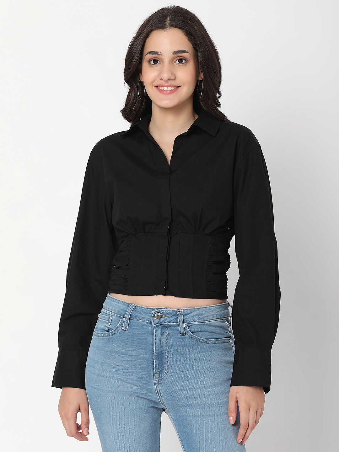 Spykar Black Cotton Full Sleeve Plain Shirts For Women