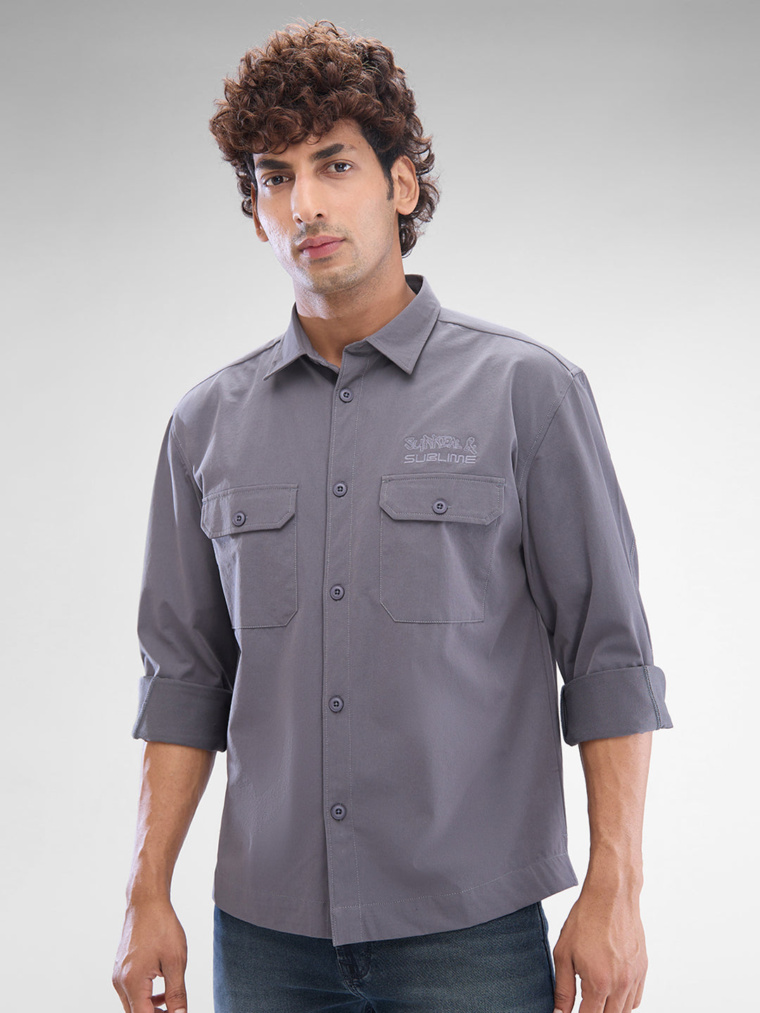 Spykar Dark Grey Cotton Polyester Full Sleeve Raised Collar Shirt For Men