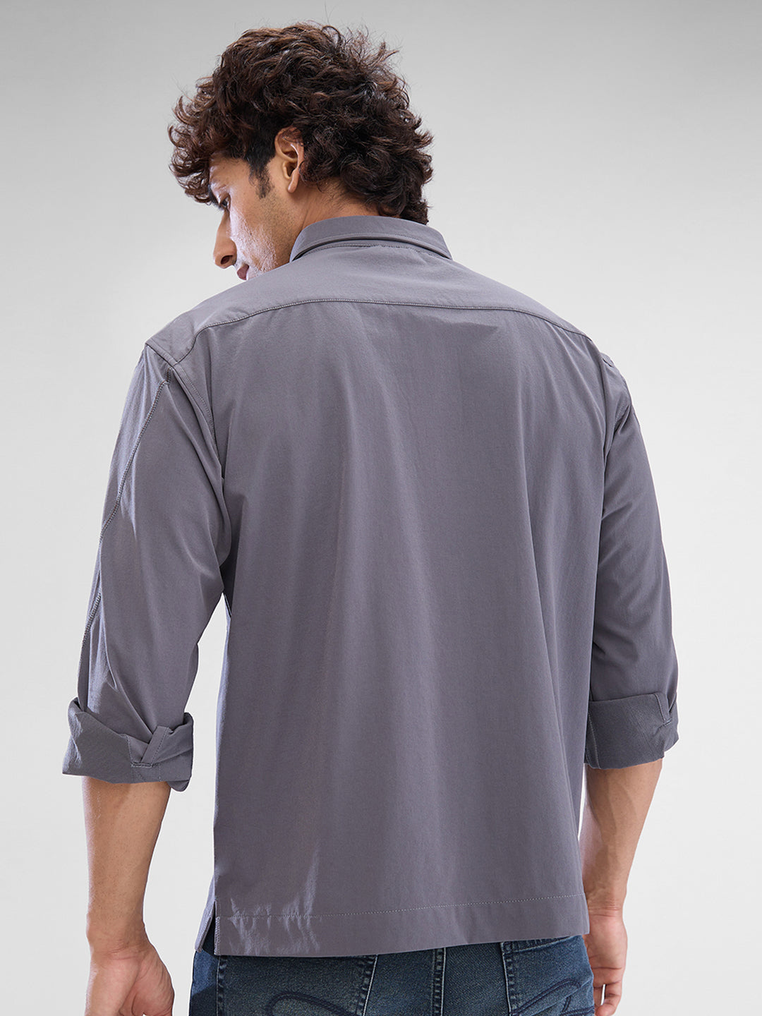 Spykar Dark Grey Cotton Polyester Full Sleeve Raised Collar Shirt For Men