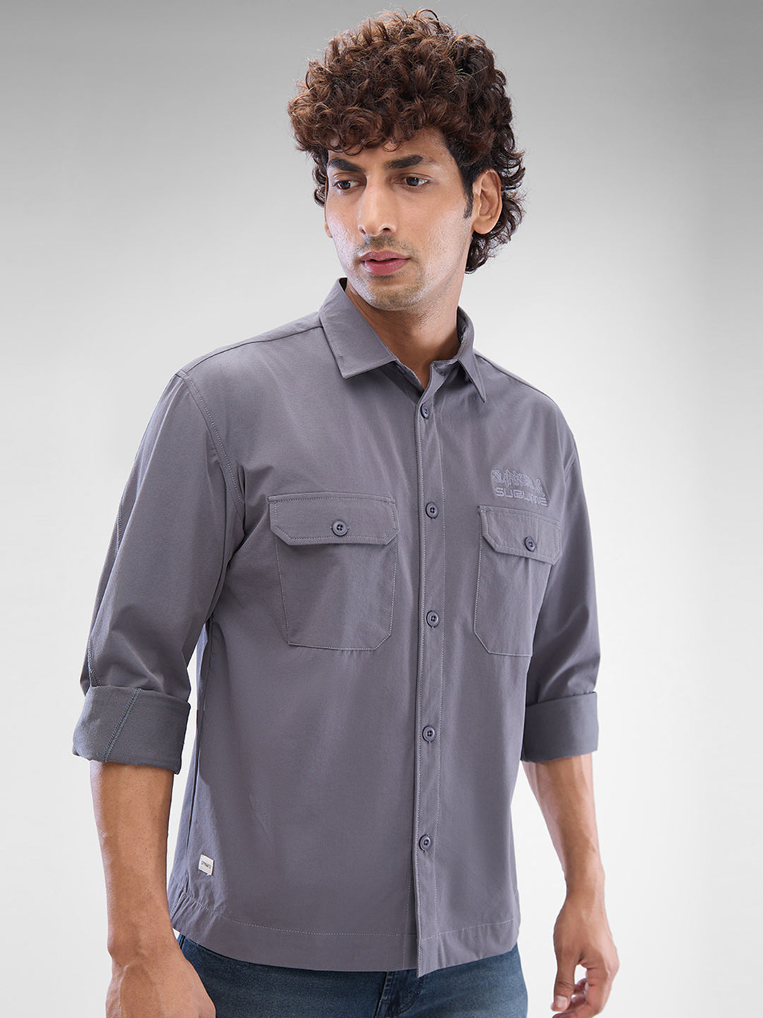 Spykar Dark Grey Cotton Polyester Full Sleeve Raised Collar Shirt For Men