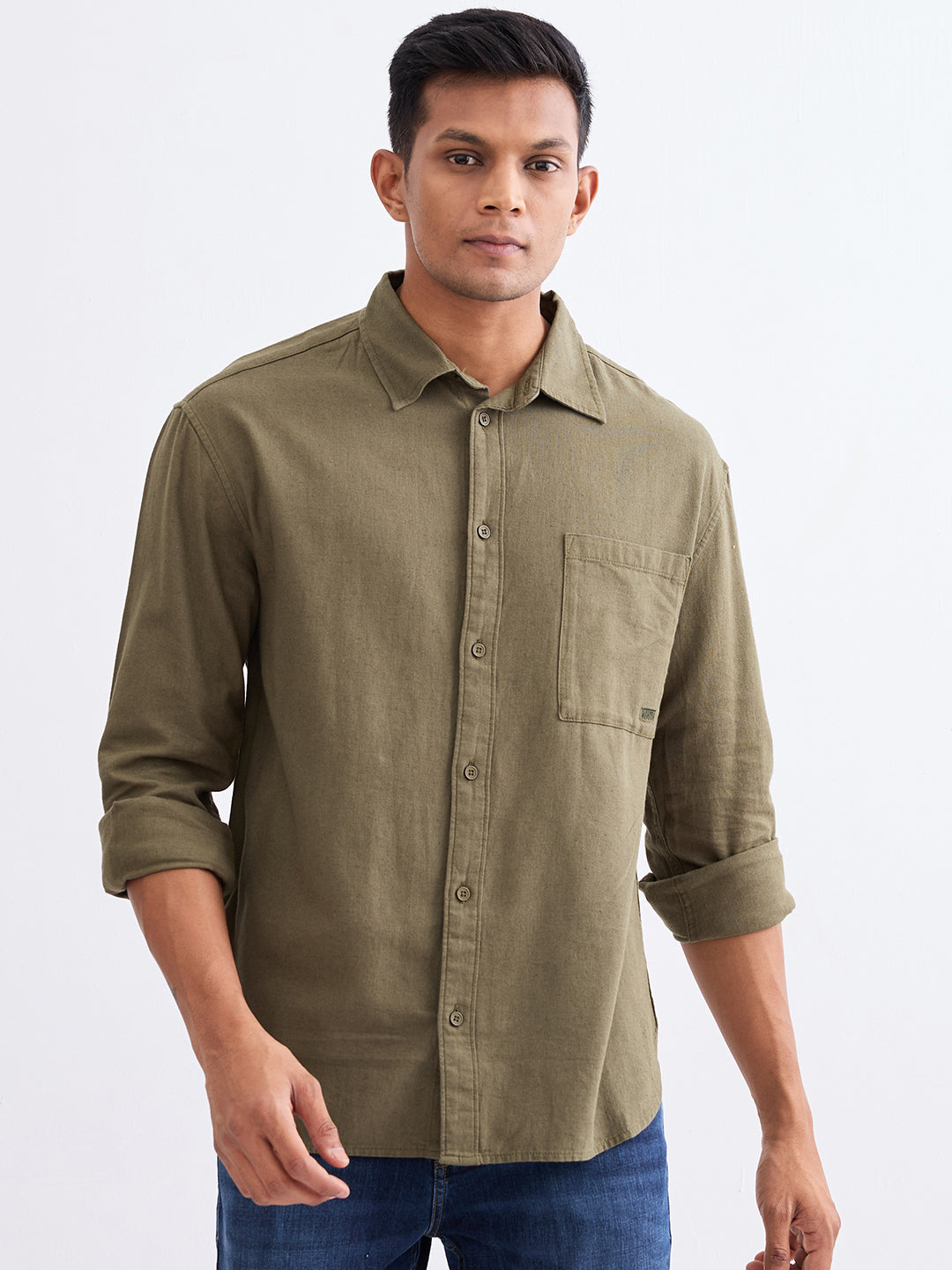 Spykar Military Green Slim Fit Casual Shirts For Men