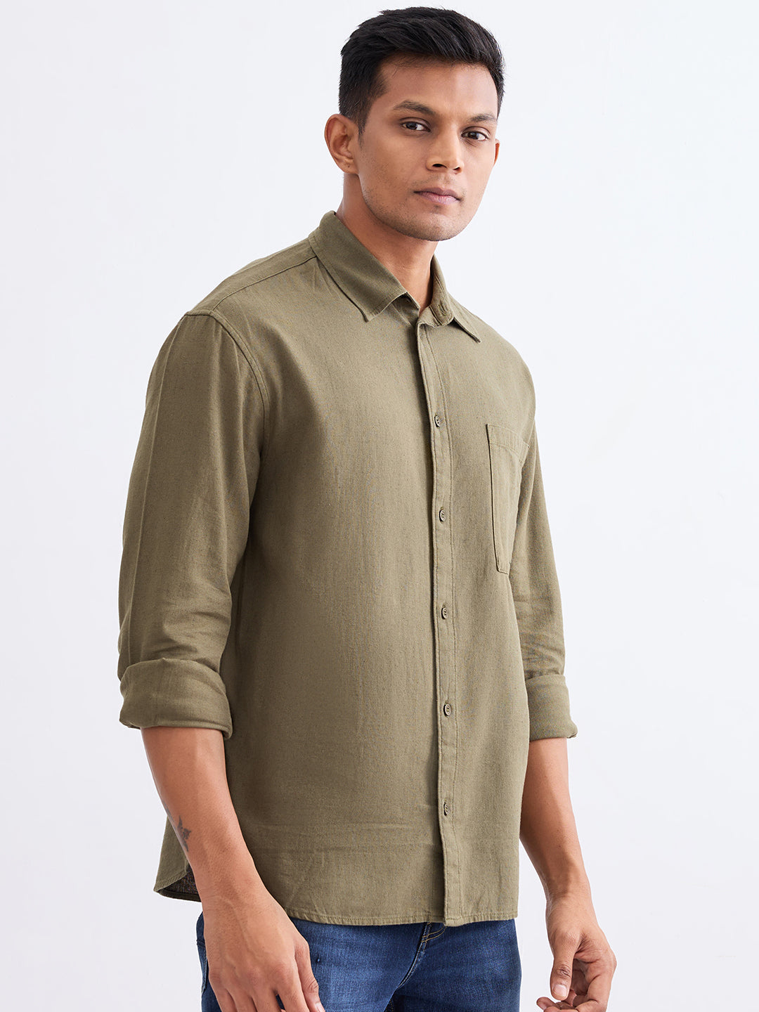Spykar Military Green Slim Fit Casual Shirts For Men