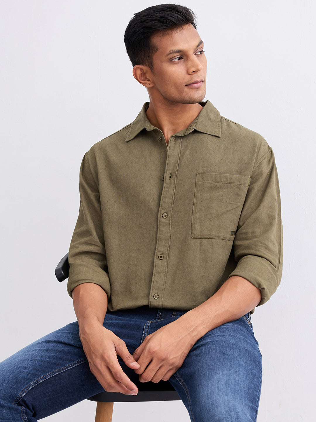 Spykar Military Green Slim Fit Casual Shirts For Men
