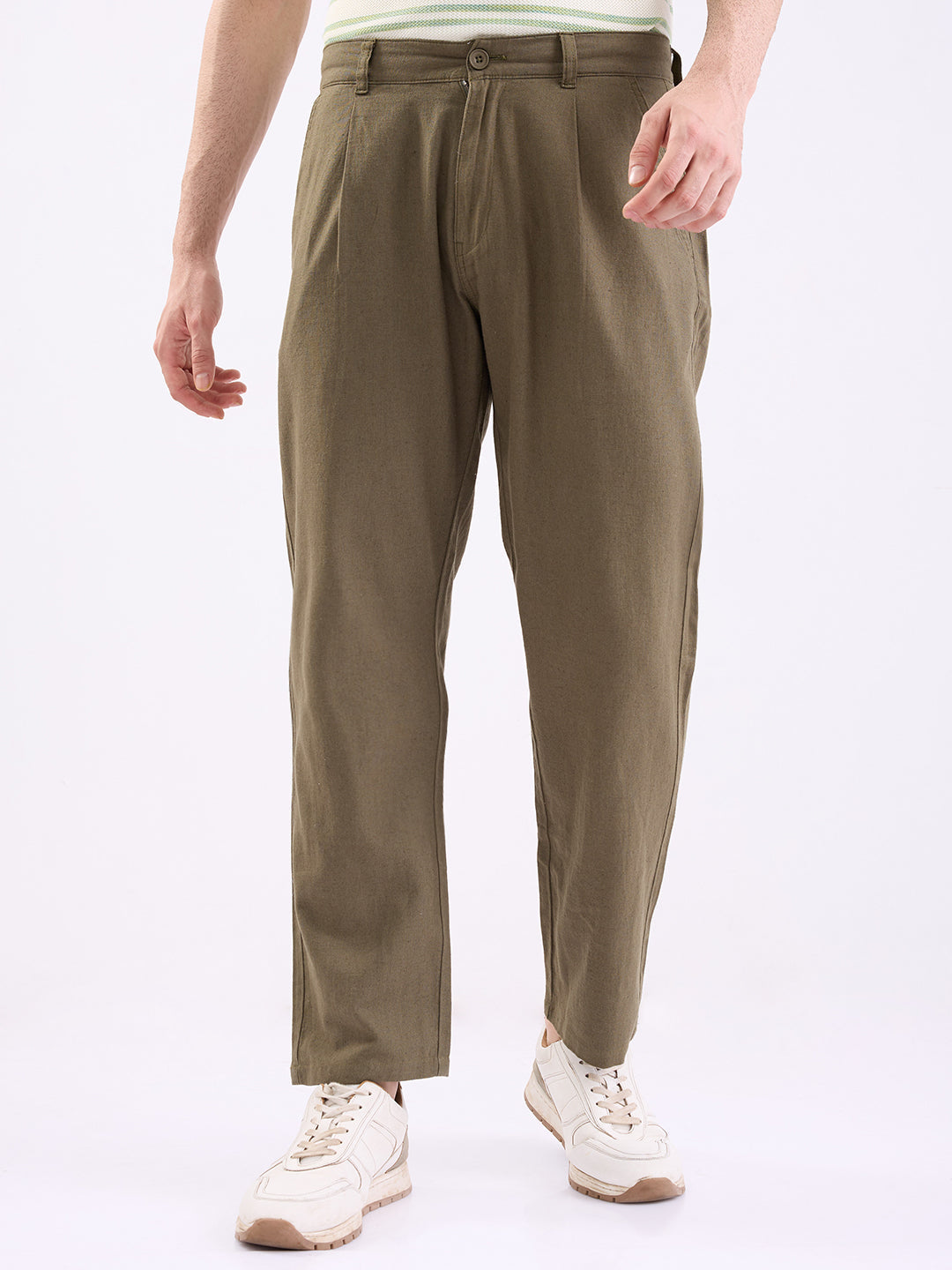 Men Trouser Corset Fit Green Mid Rise