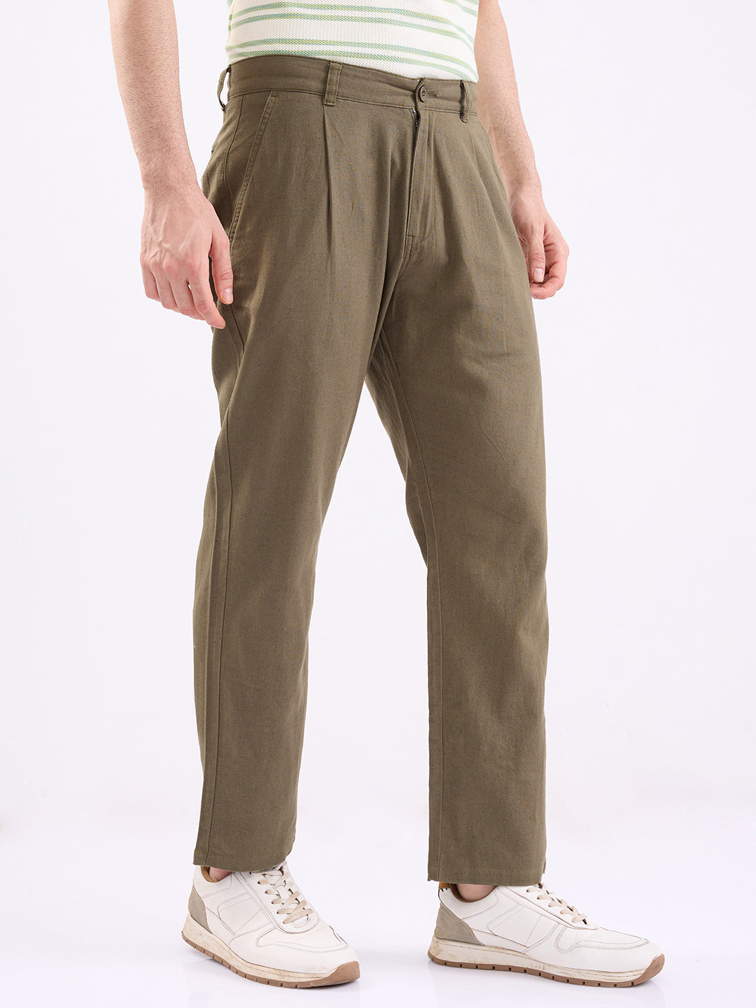 Men Trouser Corset Fit Green Mid Rise