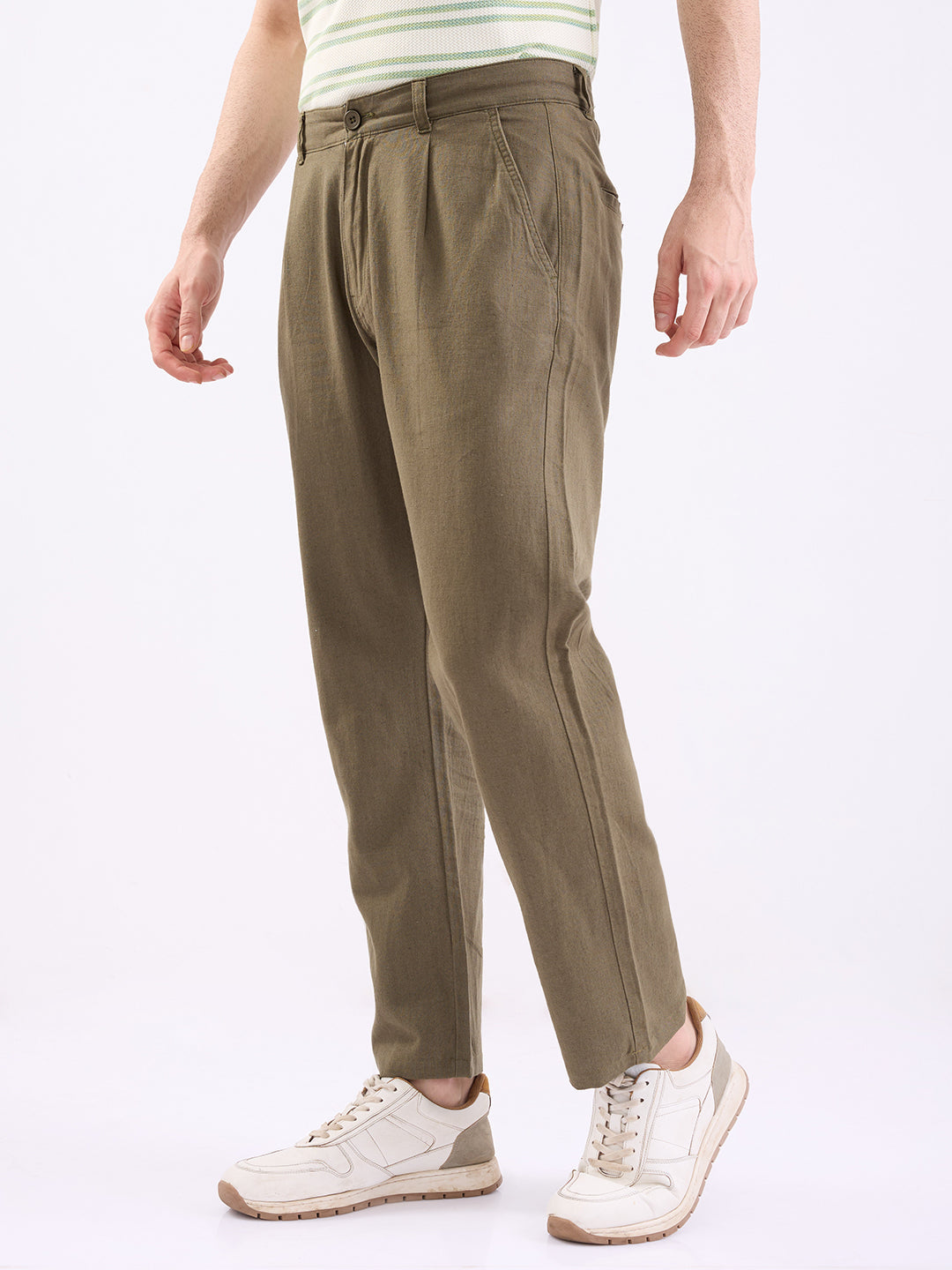 Men Trouser Corset Fit Green Mid Rise