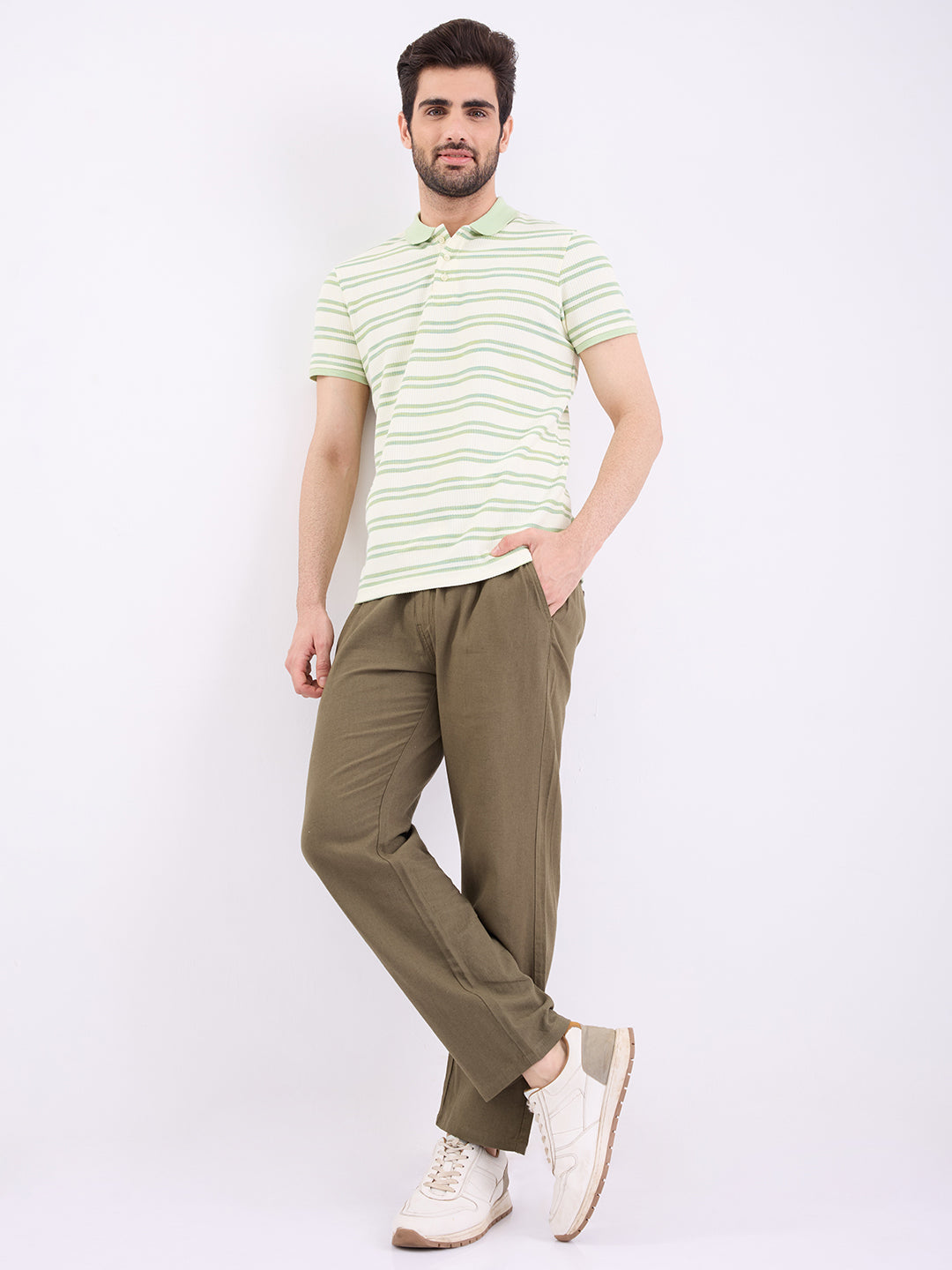 Men Trouser Corset Fit Green Mid Rise